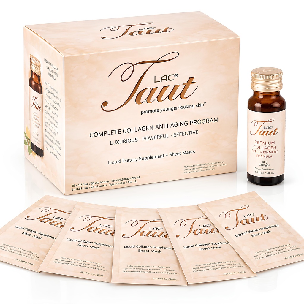 TAUT Marine Collagen Drink & Face Mask – 13,000mg Hydrolyzed Collagen Protein with Hyaluronic Acid for Youthful, Radiant Skin – Includes 15 Bottles and 5 Masks (30-Day Supply)
