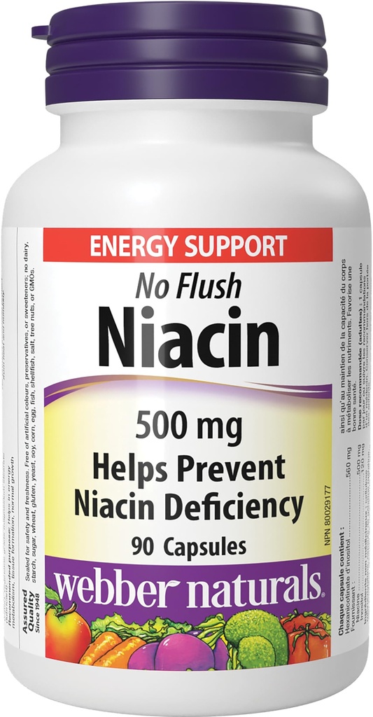 Webber Naturals No Flush Niacin Vitamin B3 Capsule, 500mg 90 Count