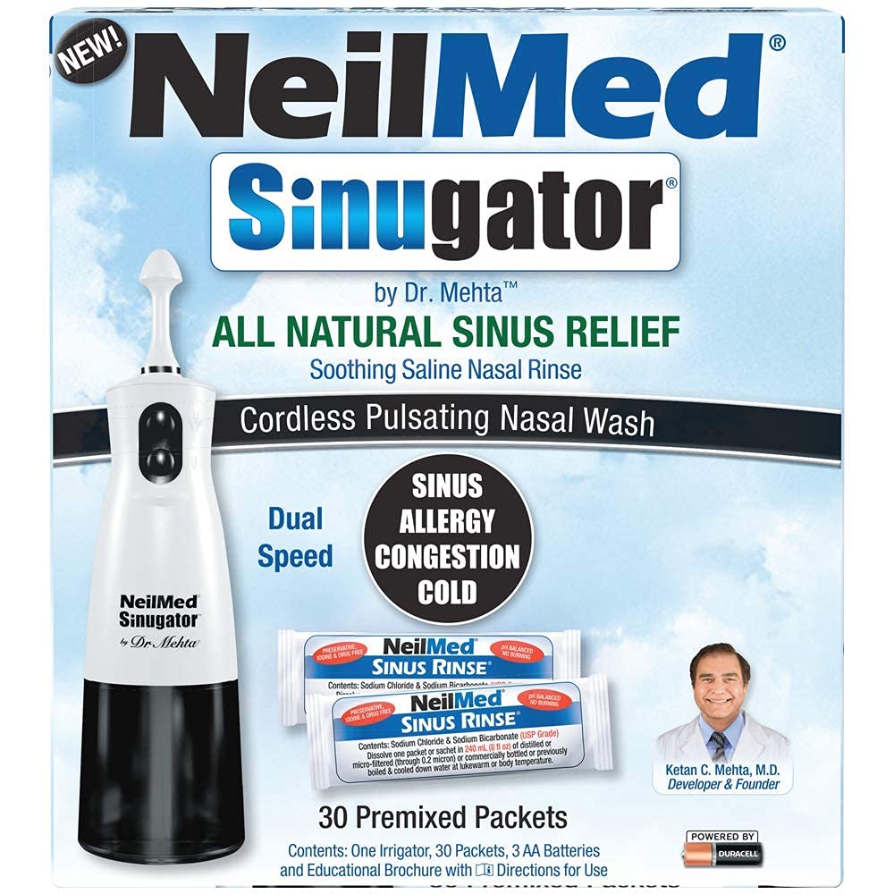NeilMed Sinugator Cordless Pulsating Nasal Irrigator (Dual Speed) with 30 Premixed Packets and 3 AA Batteries - Black (Pack of 1)