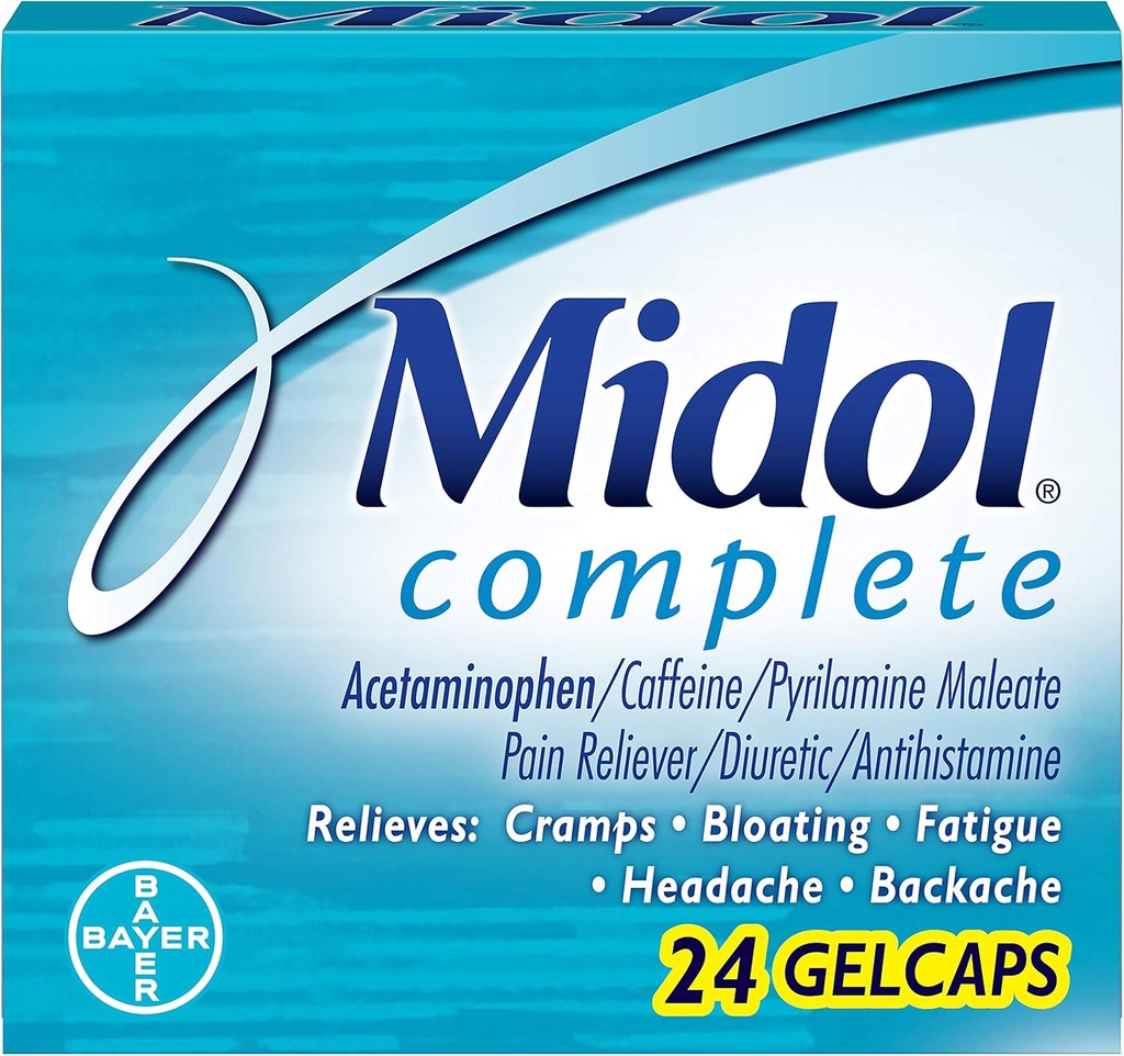 Midol Complete Gelcaps, 24-Count Boxes (Pack of 4), Packaging May Vary