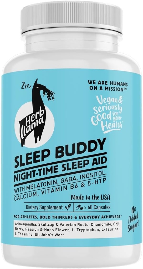 Sleep Buddy Nighttime Sleep Aid – Vegan Capsules with Melatonin, GABA, L-Tryptophan, Ashwagandha & Lemon Balm – Non-Habit Forming, Plant-Based Sleep Support – 60 Count (30 Servings)