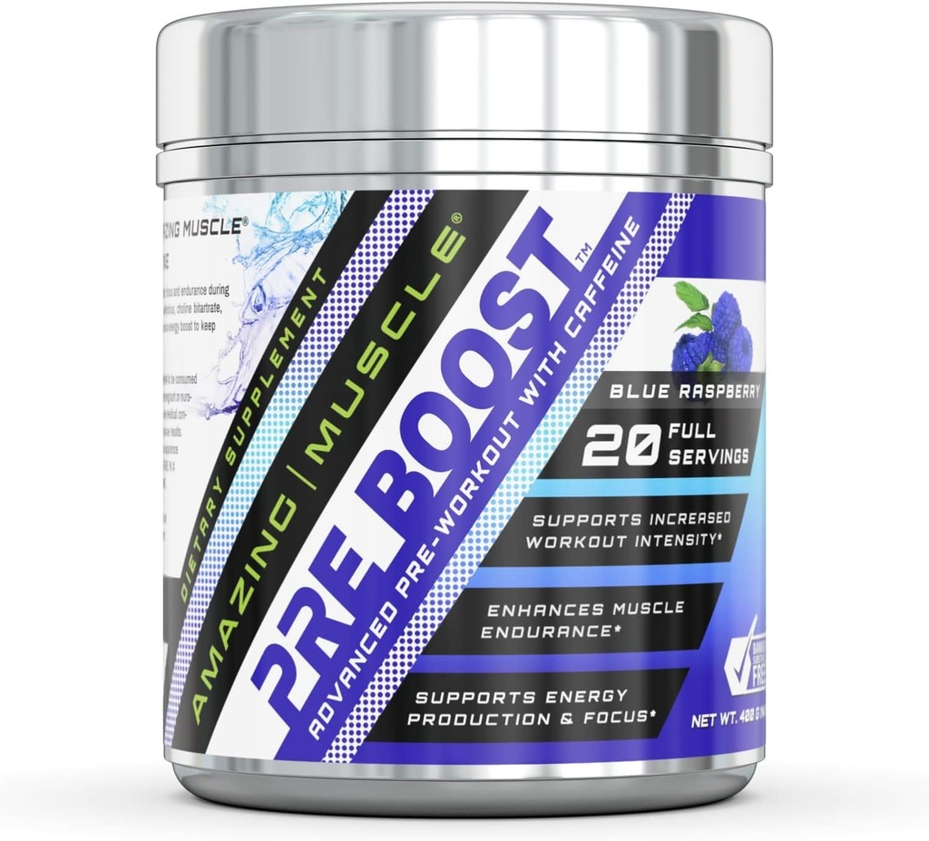 Amazing Muscle Pre Boost Formula with Caffeine Supplement | 20 Servings Per Container | Blue Raspberry Flavor
