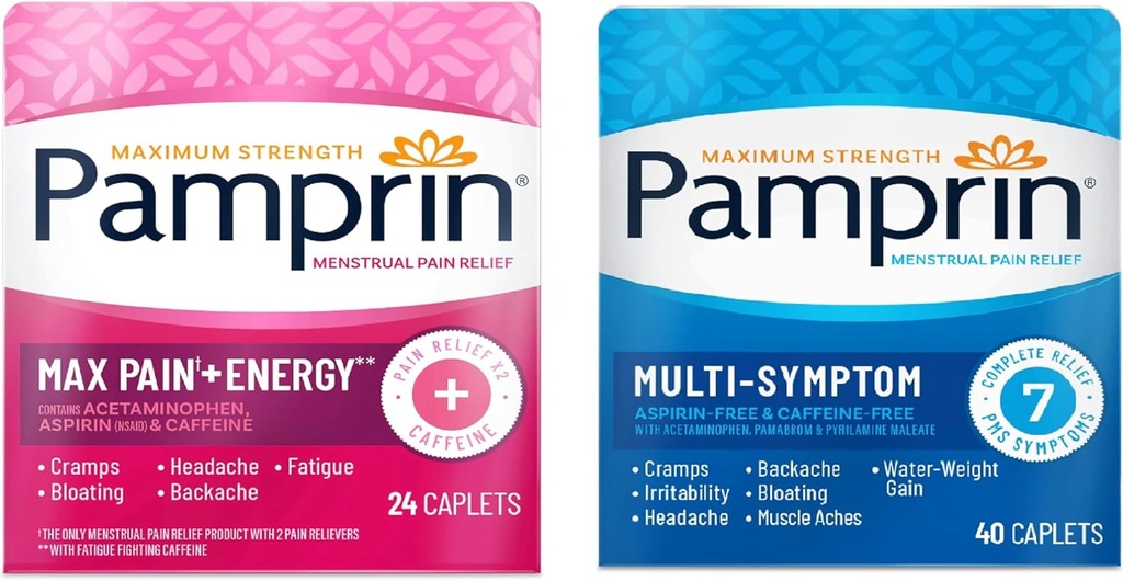Pamprin Multi-Symptom and Max Pain + Energy Period Relief Bundle