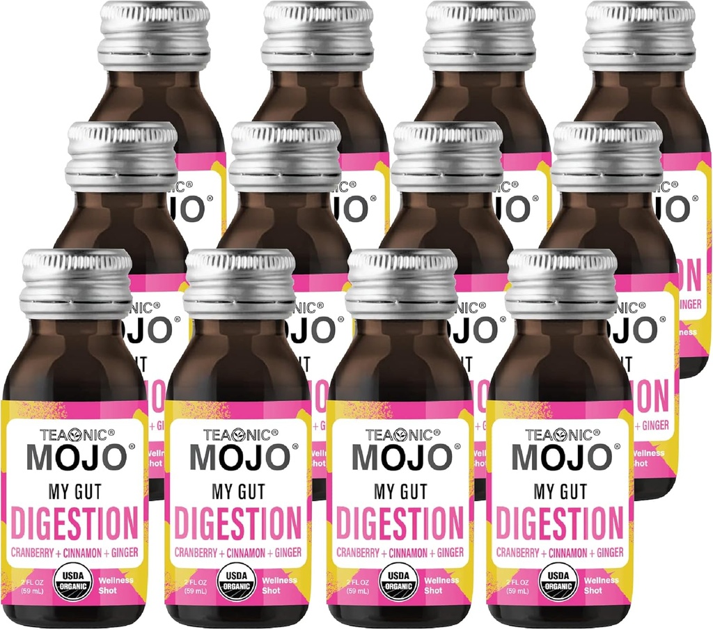 TEAONIC My Gut Mojo: Digest, Detox Drinks For Better Digestion, With Cranberry, Ginger, Cinnamon, USDA-Certified, Sugar-Free, Caffeine-Free Drinks, 12 Bottles, Each Weighing 2 Fl Oz