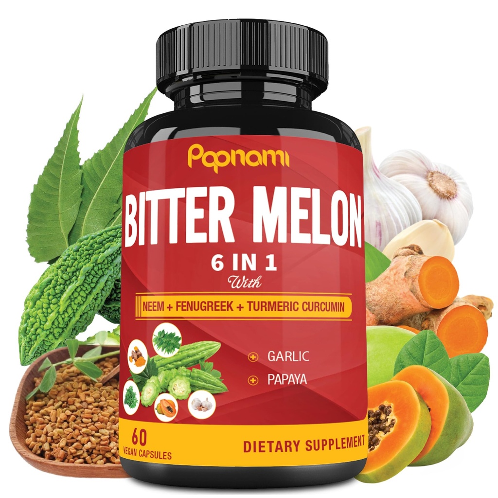 Organic Bitter Melon Extract Capsules - 60 Pills 2 Month - Combined Neem, Fenugreek, Curcumin, Garlic & Papaya