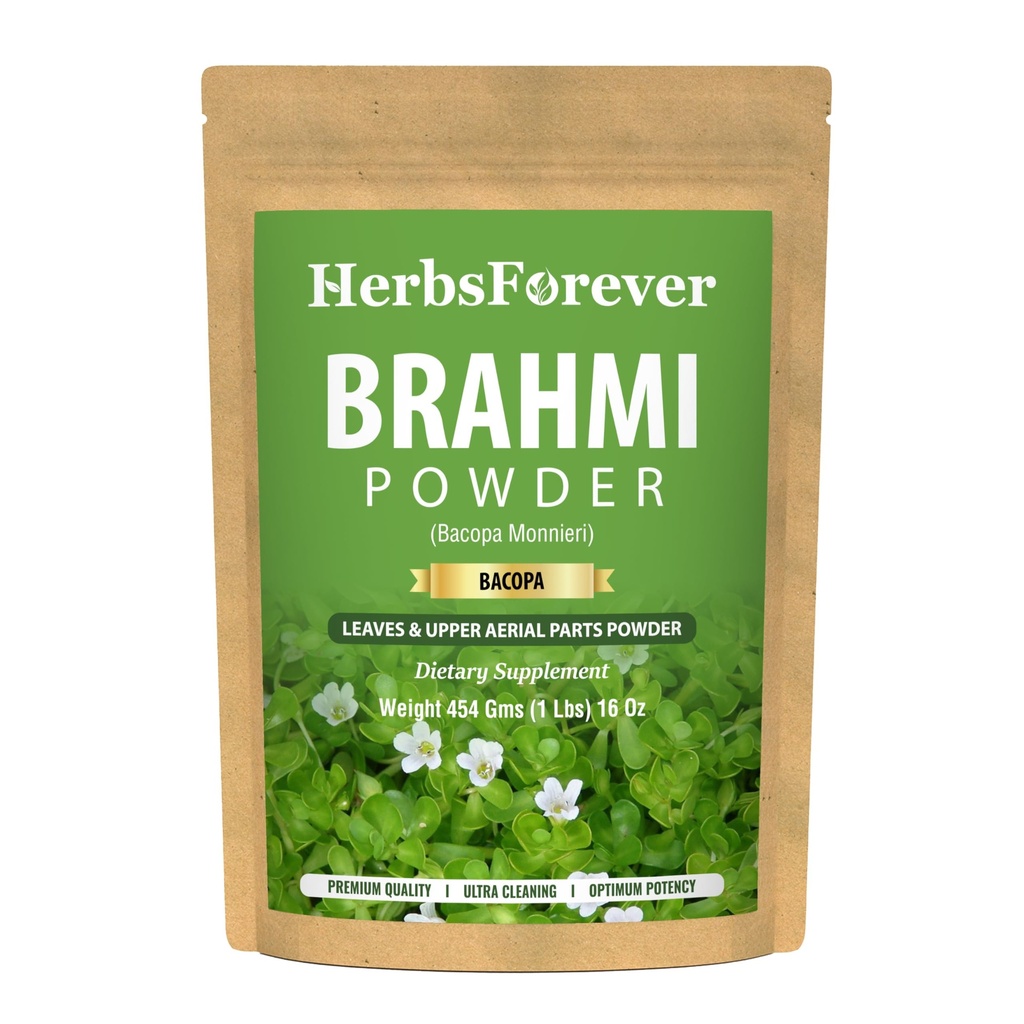 Herbsforever Brahmi Powder(Bacopa Monnieri) Leaves & Upper Aerial- Memory,Focus & Cognitive Function| Wild Harvested -Non GMO,Vegan- 2X Potency | Ultra Clean|NO Sand & Mud| Steam Sterilized|16oz-1LBS