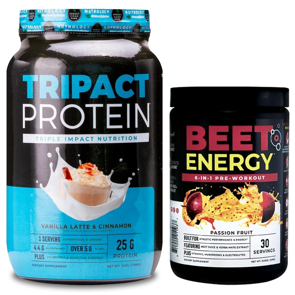 Nutrology TRIPACT Protein Powder, 7-in-1 Meal Replacement Shake, Vanilla Latte Cinnamon Flavor (40 Servings) Beet Natural O2, Pre Workout Powder, Passion Fruit Flavor (30 Servings)