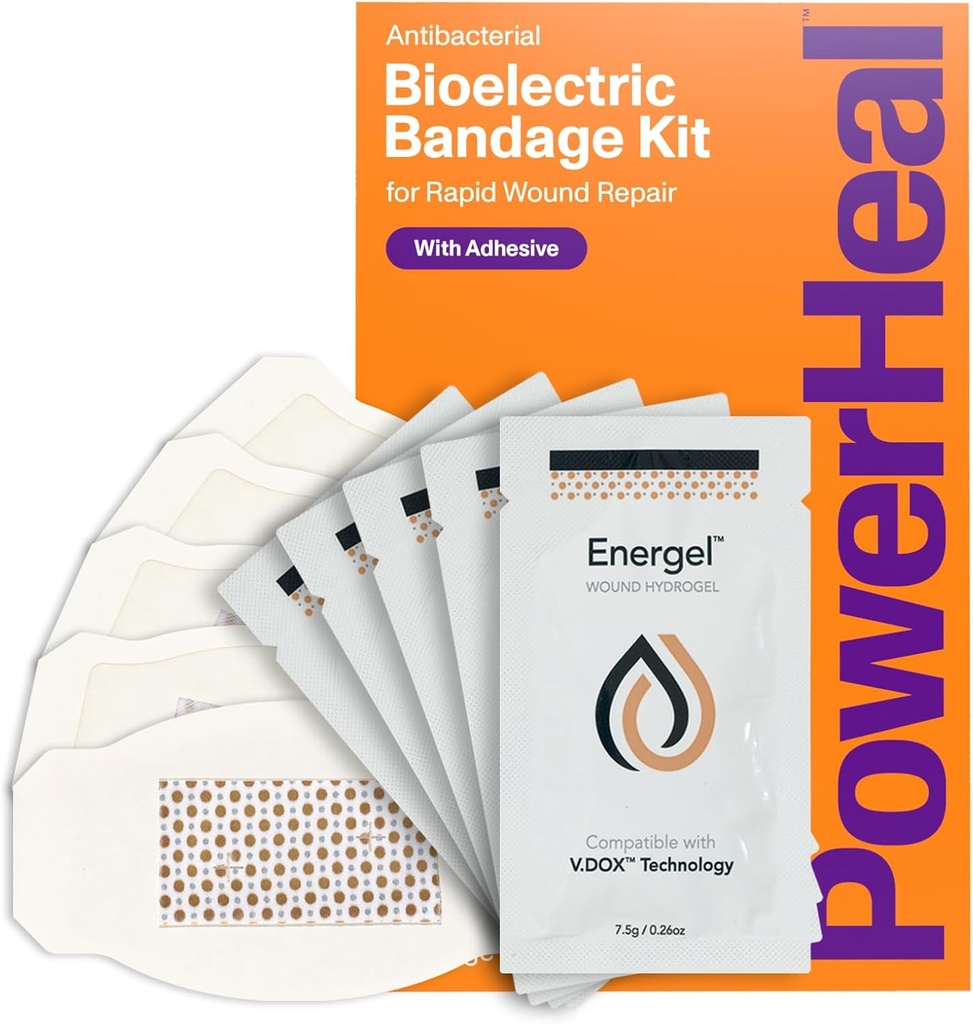PowerHeal Bioelectric Bandage Kit for Wound Care & Fast Healing – 3-Layers w/Bioelectric Pad, Absorbent Pad, Adhesive + Wound Hydrogel – for Cuts, Abrasions, Blisters, Burns – 5-Pack, 2.3" x 3.5"