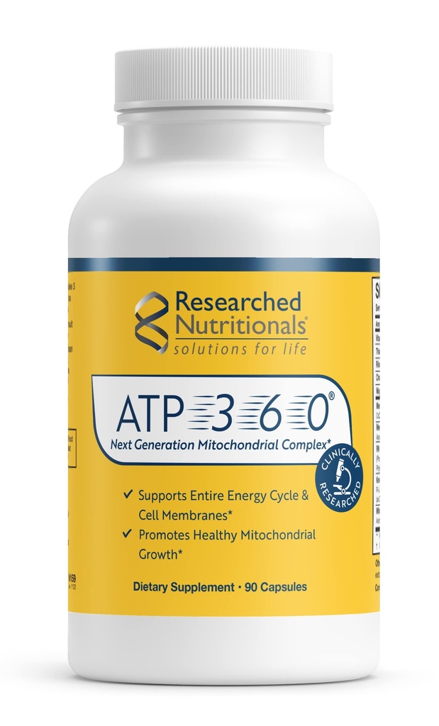 Researched Nutritionals ATP 360 - Mitochondrial Supplements to Support Entire Energy Cycle & Cell Membranes - Clinically Researched ATP Supplements, High Dose CoQ10, R-Lipoic Acid & PQQ, 90 Capsules