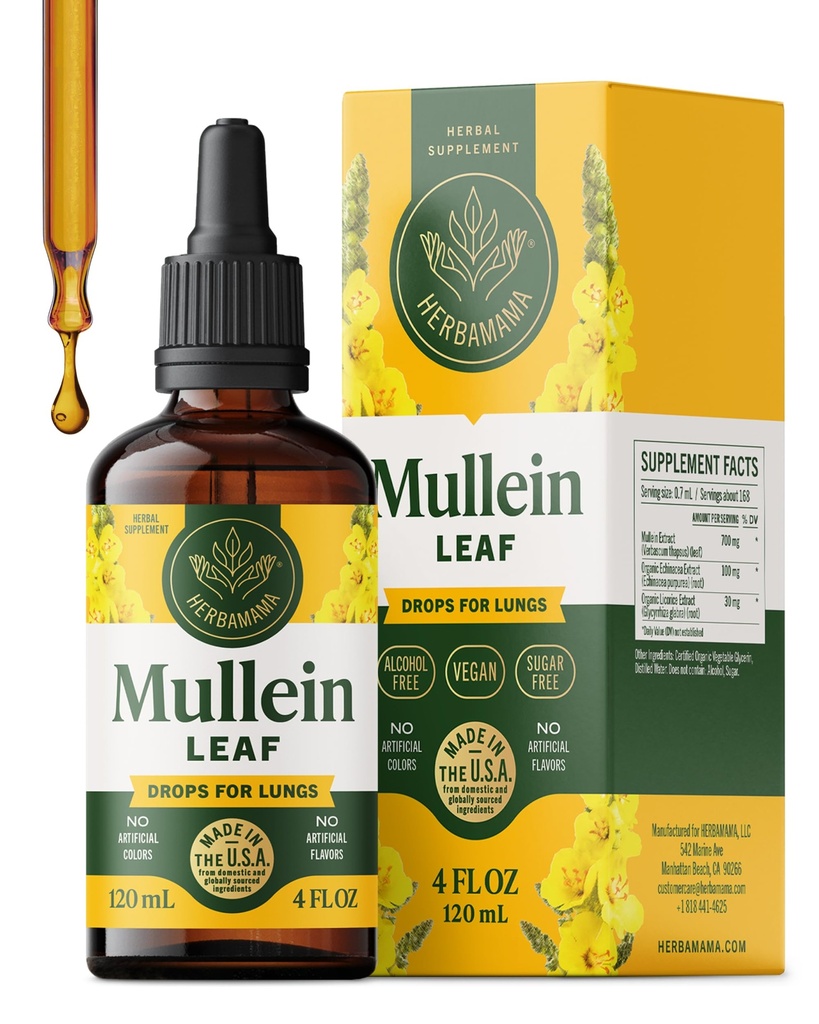 HERBAMAMA Mullein Drops for Lungs - Vegan Lung Cleanse with Mullein Leaf Extract, Echinacea Tincture & Licorice - Non-GMO, Alcohol & Sugar-Free Respiratory Support Supplement - 56-Day Supply