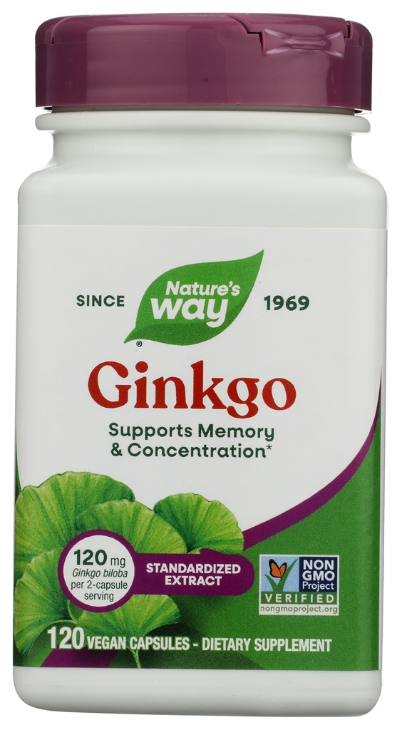Nature's Way Ginkgo Premium Extract, Supports Memory & Concentration*, 120 mg Ginkgo Biloba Extract per 2-Capsule Serving, with Gotu Kola, Vegan, Gluten Free, 120 Capsules (Packaging May Vary)
