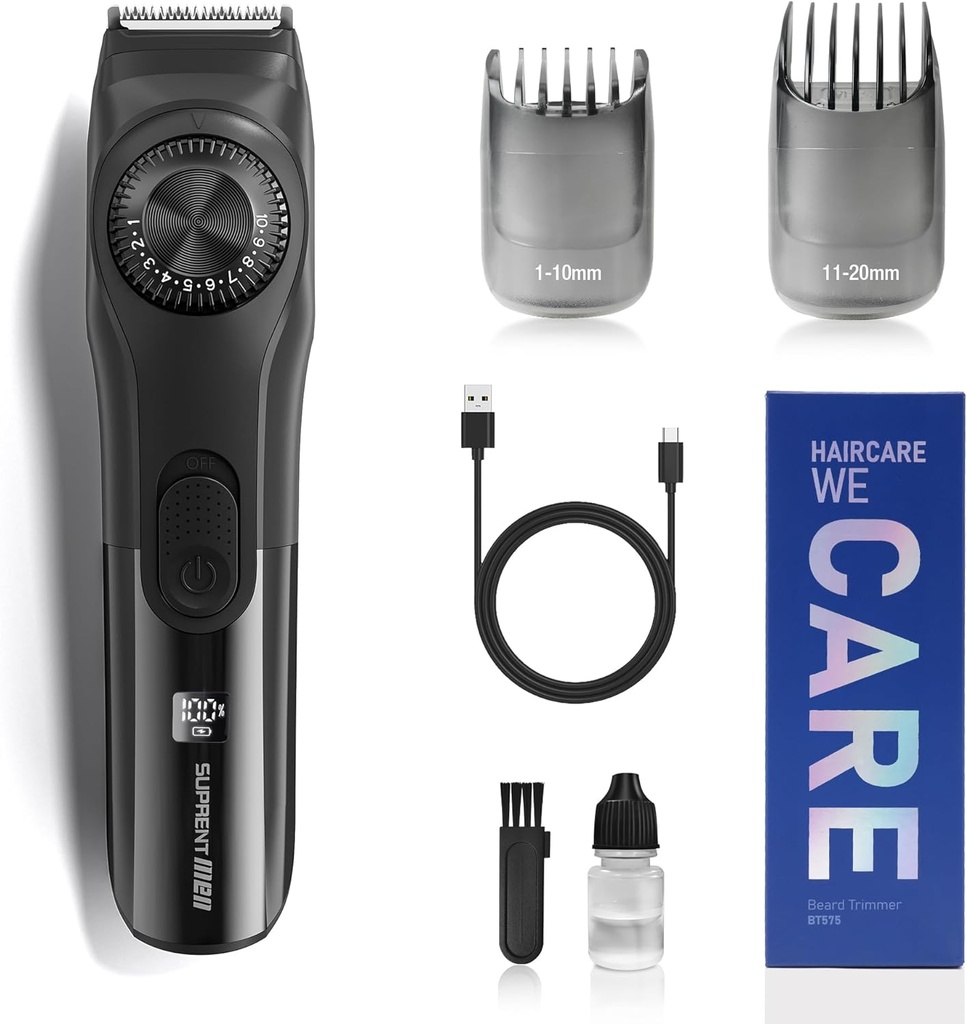 SUPRENT Adjustable Beard Trimmer for Men, Cordless Electric Beard Trimmer with Precision Dial, USB Rechargeable 19 Length Settings Mustache Trimmer for Mens Gifts (Black)
