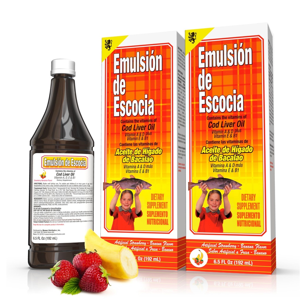 Emulsión de Escocia Cod Liver Oil Liquid Supplement with Vitamins A, D, E & B1 - Natural Fish Oil Omega 3 for Kids & Adults - Delicious Strawberry Banana Flavor - 6.5 oz (2-Pack)