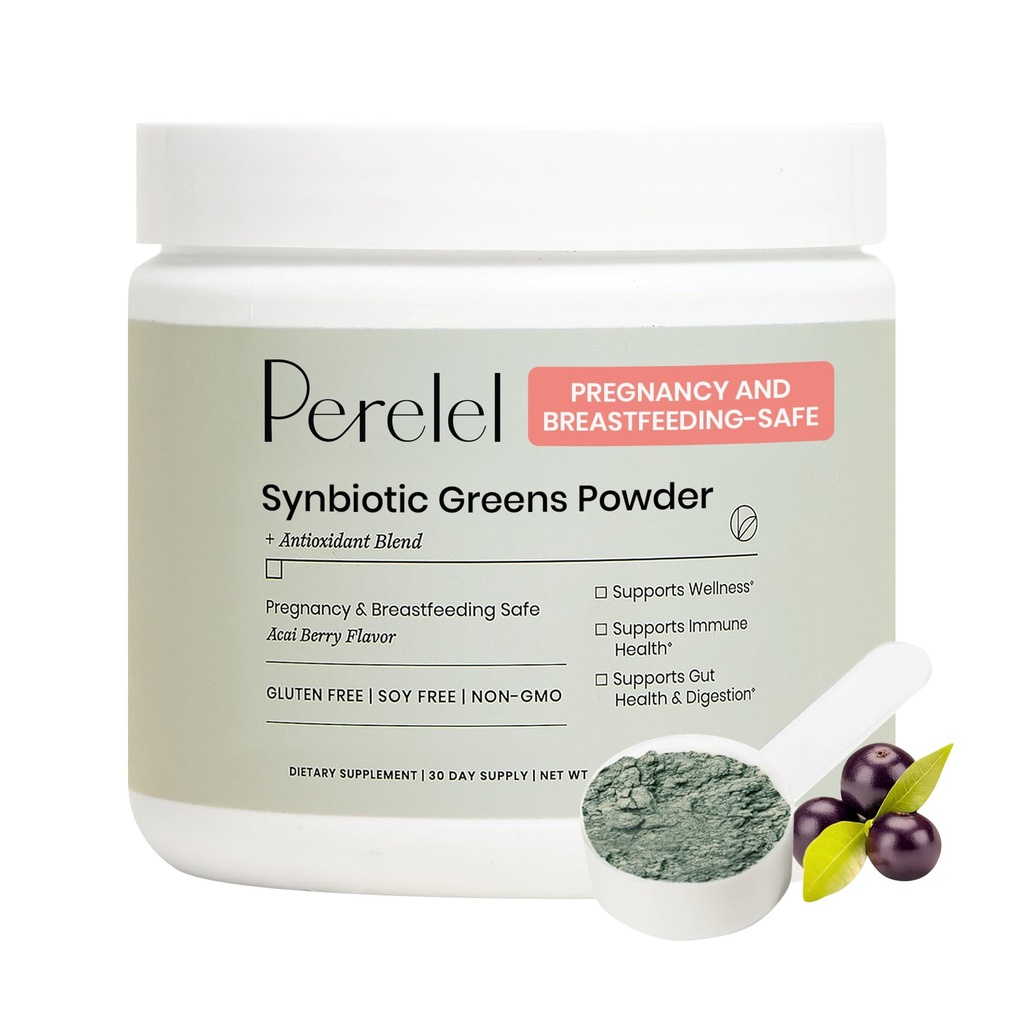 Perelel Synbiotic Greens Powder, Superfood Blend with Fruits, Vegetables, Probiotics, Fiber, Spirulina & Chlorella, Daily Greens Supplement, Soy & Gluten Free, Non GMO, Acai Berry Flavor, 30 Servings