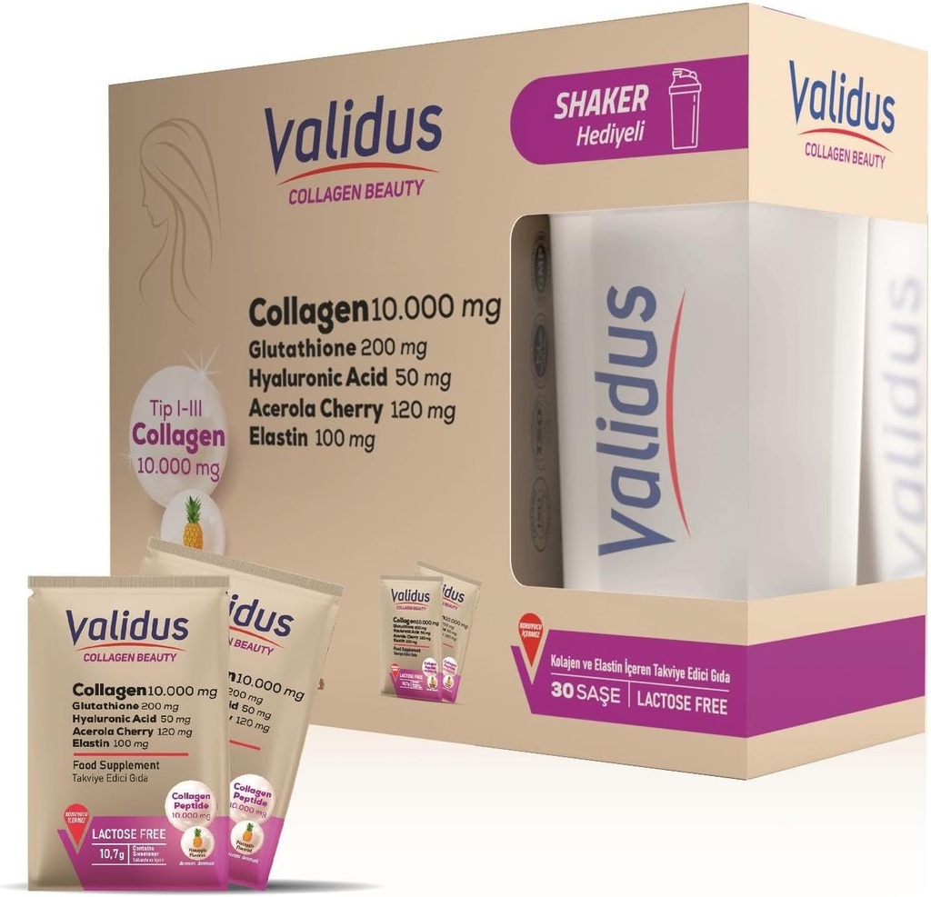 VALIDUS Collagen 10.000 mg + Elastin 100 mg + Glutathione 200 mg 30 Sachets + Shaker