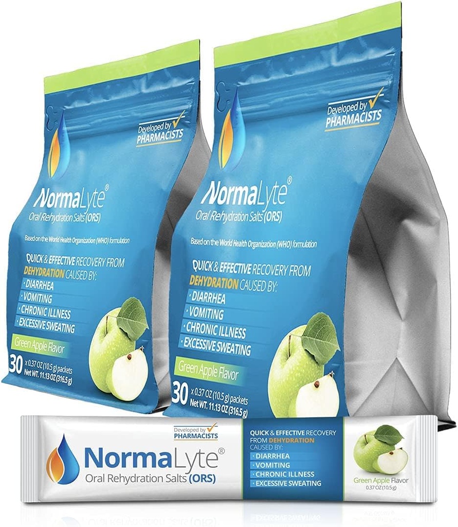 NormaLyte Oral Rehydration Salts-2 Pouches - 60 Sticks (Yields 500mL per Pack)-Apple| Energy Supplements, Potassium Supplement, Dehydration Recovery and Quick Absorption