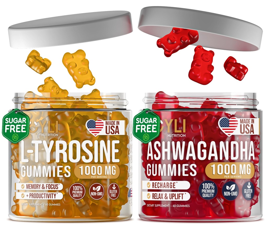 Joyli L-Tyrosine + Ashwagandha Gummies – Focus, Memory & Mental Clarity Support – Vegan Formula with Vitamin C & Zinc – 2 Pack for Adults & Kids