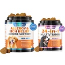 Dog Allergy Chews + Carmelie 24 in 1 Dog Multivitamin Chewable - 400 Treats - Seasonal Allergy Relief + Dog Vitamins for Hip & Joint, Skin & Coat, Immune Health (Chicken Flavor)