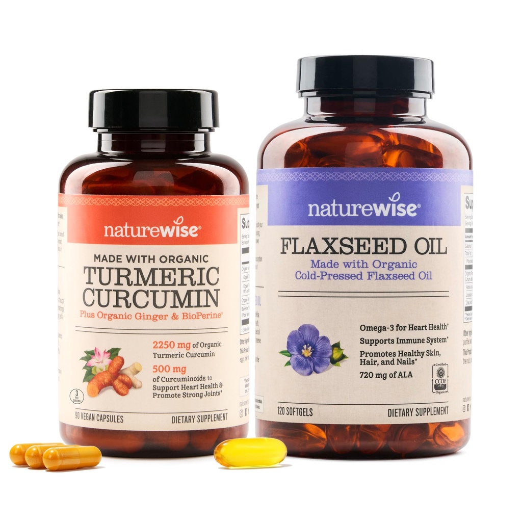 NatureWise Curcumin Turmeric 2250mg & Flaxseed Oil 1200mg Omega 3 6 9 Softgels for Joint, Heart & Immune Support [1 & 2 Month Supply]