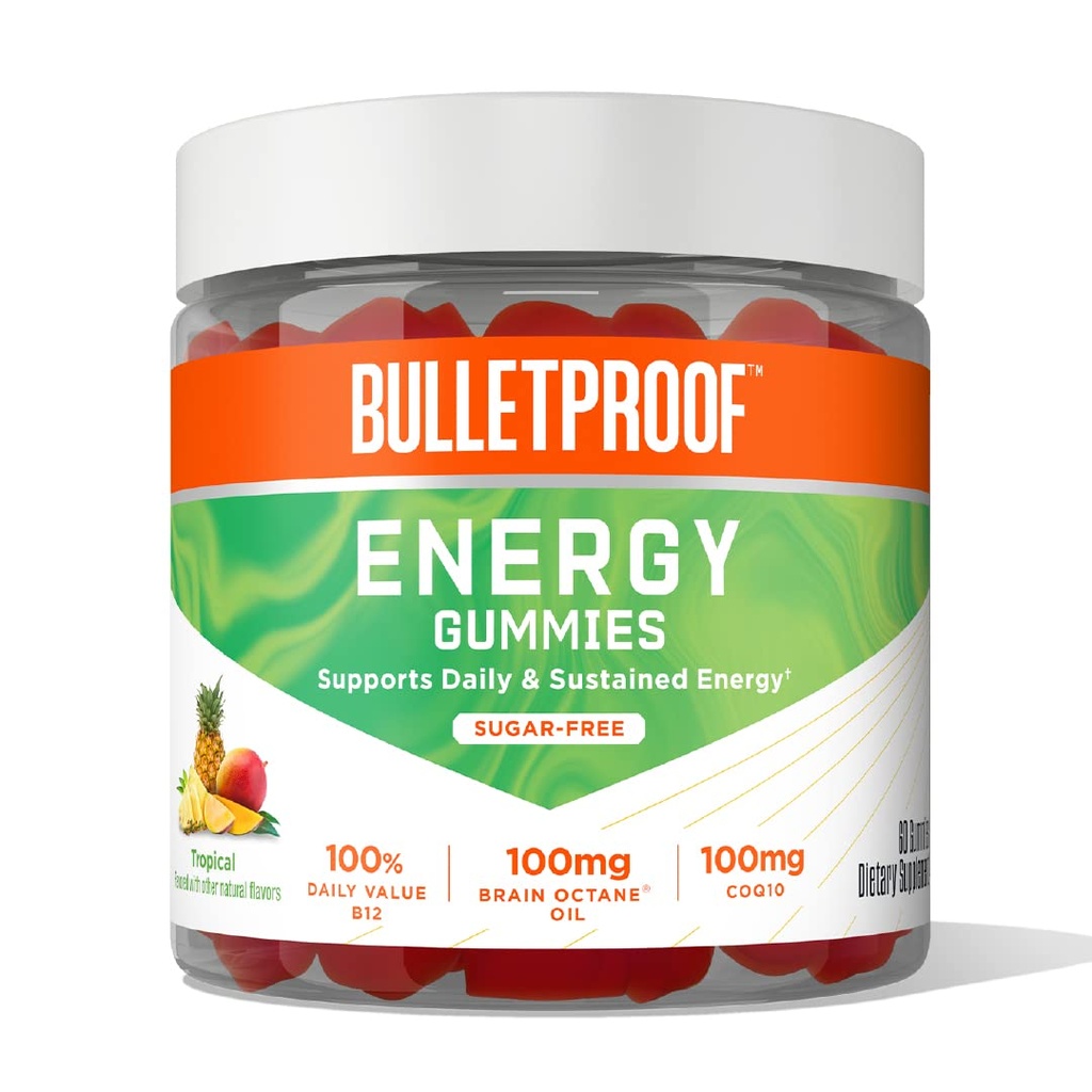 Bulletproof Sugar-Free Tropical Energy Gummies, 60 Count | Supplement for Daily & Sustained Energy with 100mg CoQ10, Daily Value of B12, 100mg Brain Octane Oil