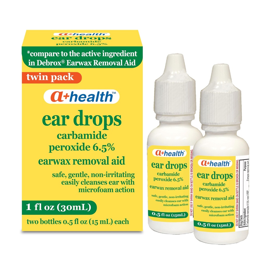 A+Health Earwax Removal Drops, Carbamide Peroxide 6.5%, Made in USA, Twin Pack, 1 fl Ounce(Two 0.5 fl oz bottles) | Safe, Gentle, Easily Cleanses Ear, Made in USA, Contains Two Bottles