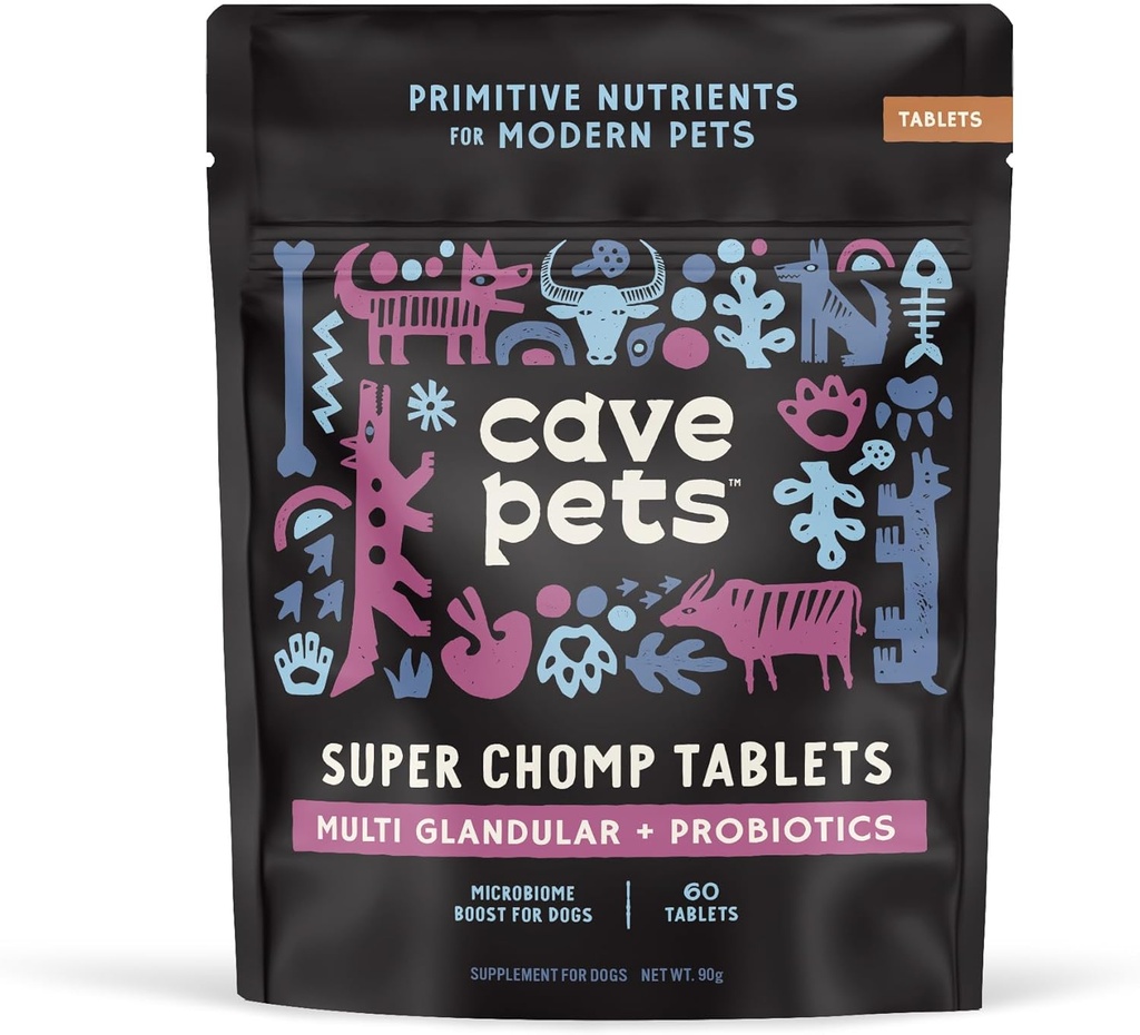 Cave Pets, Super Chomp Tablets, Dog Probiotic Supplement for Digestive Health, Multi-Glandular & Probiotics, 60 Tablets