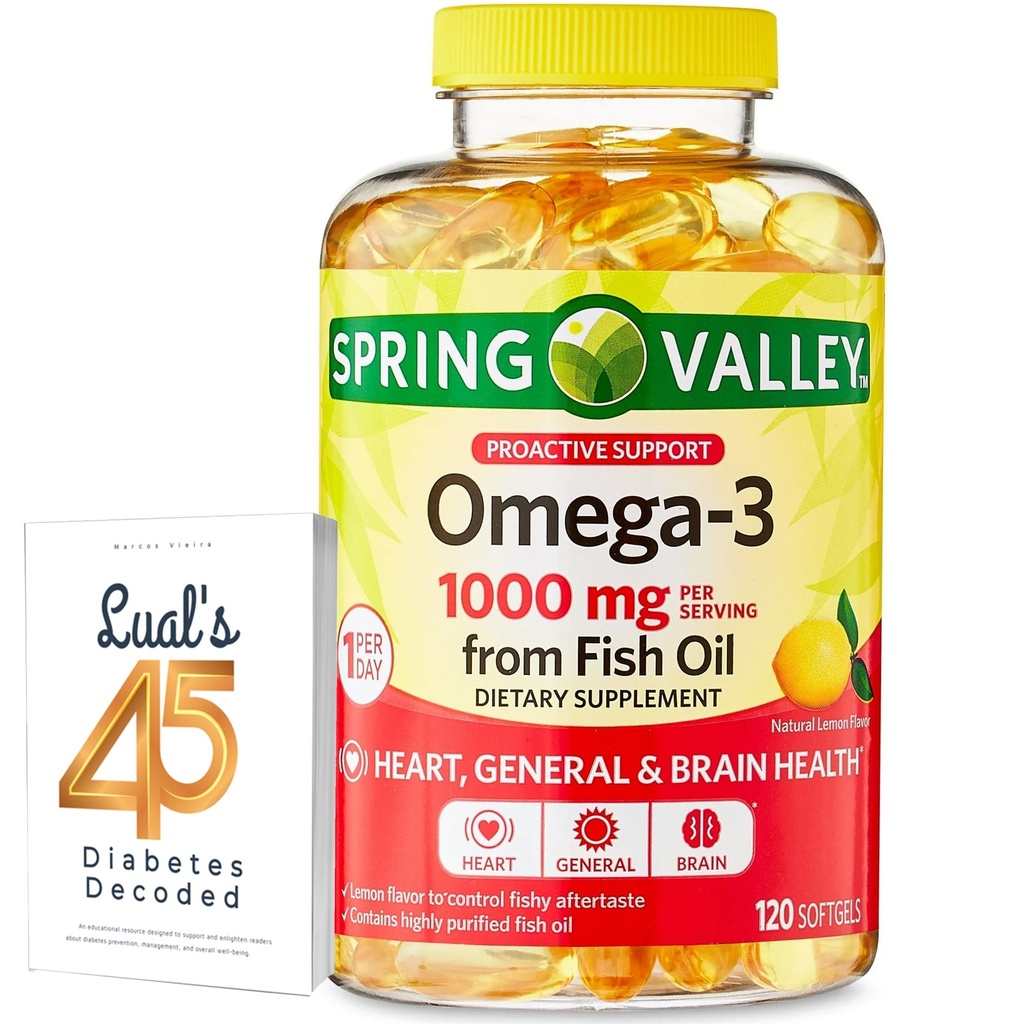 Omega-3 from Fish Oil Heart General & Brain Health Dietary Supplement Softgels, 1000 mg, 120 Count Bundle with Luall's 45 Diabetes Decoded
