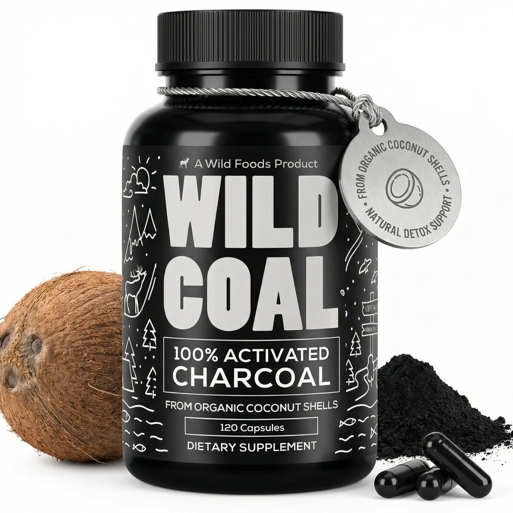 Wild Foods Activated Charcoal Capsules | 100% Organic Coconut Shells Active Tablets | Lab Tested & Non-GMO Pills | Made in USA (120 Capsules)