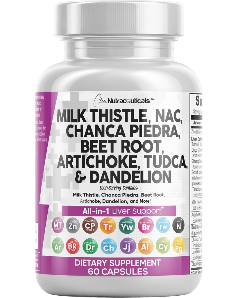 Clean Nutraceuticals Milk Thistle NAC Chanca Piedra Beet Root Artichoke Astragalus Dandelion Root - Liver Cleanse Detox & Repair Supplement Plus TUDCA Choline & Ginger - 1Pack