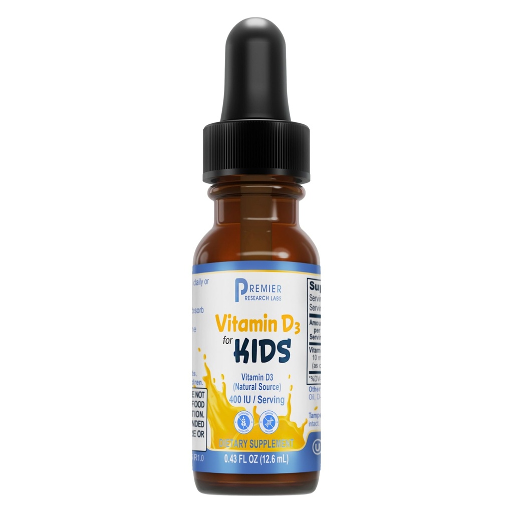 Premier Research Labs Vitamin D3 for Kids - Vitamin D Drops for Children, Kids Liquid Vitamin D, 400 IU Per Serving, Supports Healthy Brain Development - 0.43 fl oz