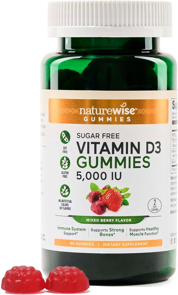 NatureWise Vitamin D3 5000 IU Gummies - Sugar-Free Mixed Berry Flavor - Vitamin D Gummies for Adults, Supports Immunity, Muscle & Bone Strength - Gelatin-Free, Non-GMO- 60 Gummies[1-Month Supply]