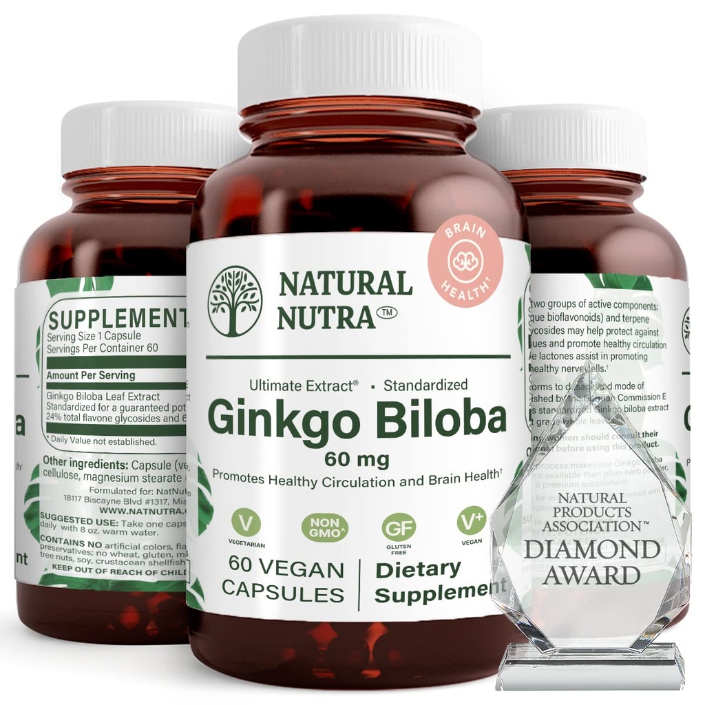 Natural Nutra Ginkgo Biloba, Improves Circulation to The Brain and Boosts Memory, Increases Oxygen Flow, and Enhancing Brain Function, Support Nerve Health, Vegan and Gluten Free, (60) Capsules