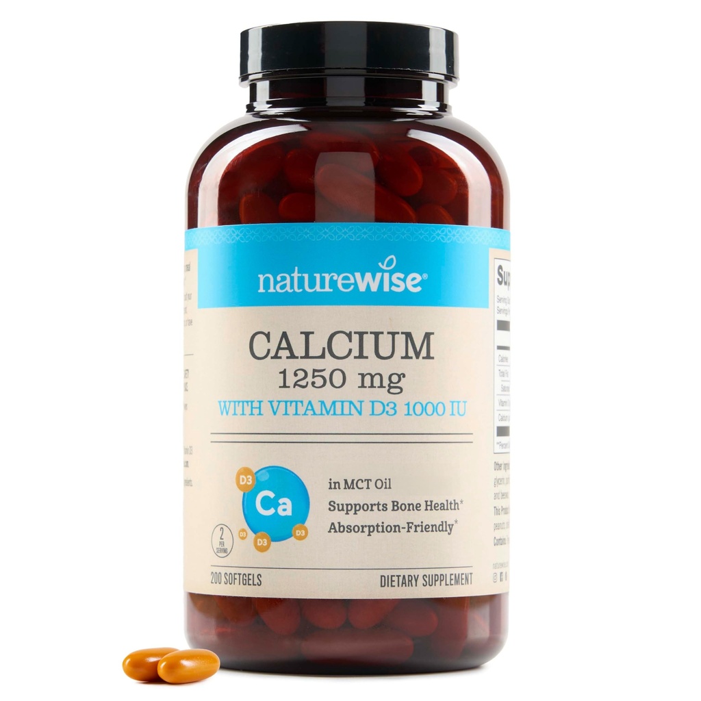 NatureWise High-Purity, All-Natural Calcium 1250mg + Vitamin D3 1000IU + Organic MCT Coconut Oil - Pregnancy Safe + Non-GMO - Absorption Friendly, Gluten Free - 200 Softgels[100-Day Supply]