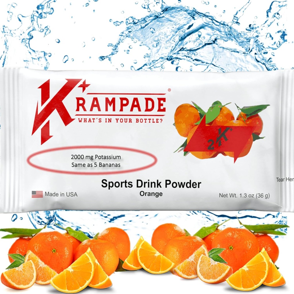 Krampade Original 2K - 2000 mg Potassium Electrolyte Powder Drink Mix | Cramp Relief - Hydration - Increased Performance | Orange - 20 Single Serving Packets