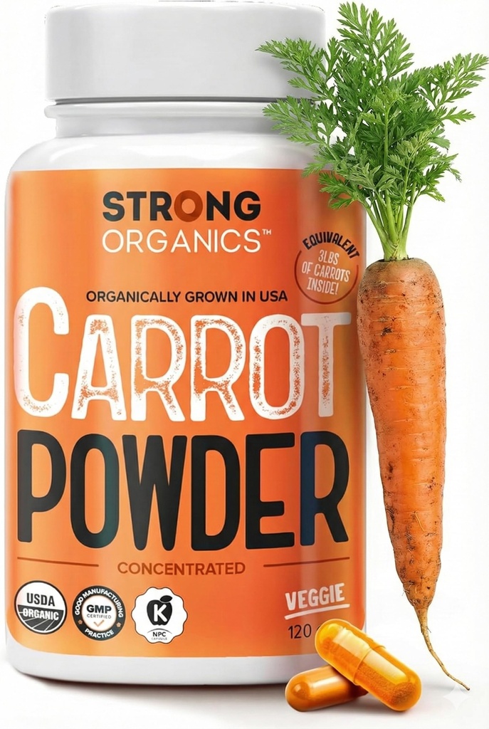 Organic Carrot Juice Powder Capsules – USA Grown, Raw Cold-Pressed – Beta Carotene for Eye Health, Skin & Immune Support – Whole Food Vitamin A – 120 Vegan Pullulan Capsules – Kosher, Non-GMO