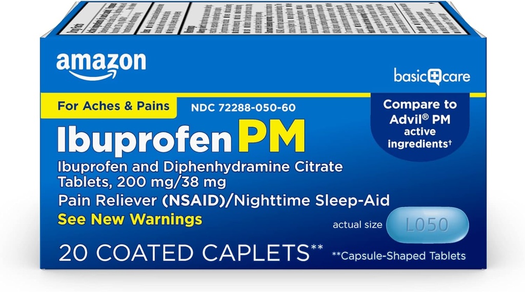   Basic Care Ibuprofen PM, Ibuprofen 200 mg and Diphenhydramine Citrate 38 mg Tablets, Pain Reliever and Nighttime Sleep-Aid, 20 Count