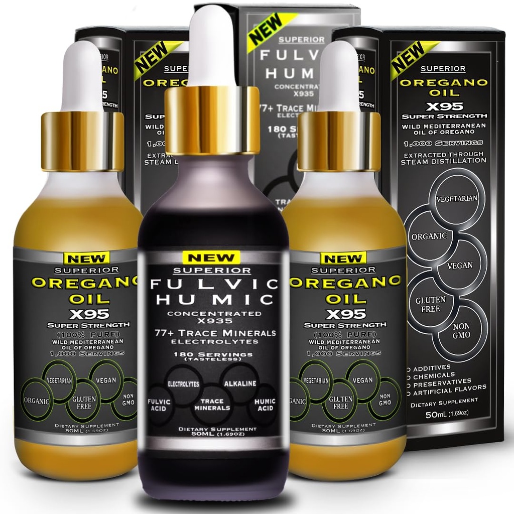 Fulvic Humic Acid Ionic Trace Minerals with Electrolytes Liquid Supplement Plus Oregano Oil Drops Super Strength More Versatile Then Oil of Oregano Softgels and Capsules