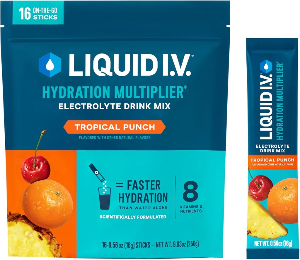 Liquid I.V.® Hydration Multiplier® - Tropical Punch - Hydration Powder Packets | Electrolyte Powder Drink Mix | Convenient Single-Serving Sticks | Non-GMO | 16 Servings (Pack of 12)
