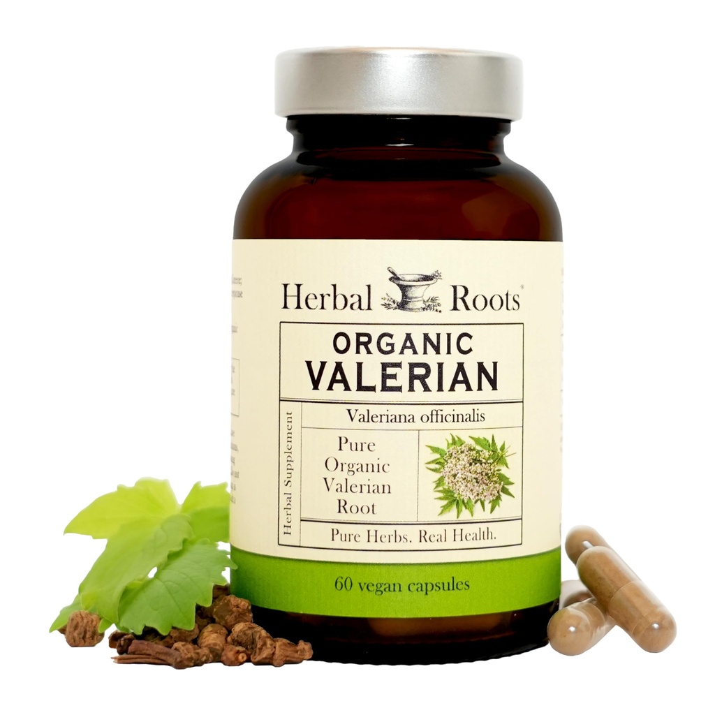 Herbal Roots Pure Organic Valerian Root Capsules - Non-Habit Forming with no Melatonin, Non-GMO - 60 Count Vegan Capsules, Herbal Supplement