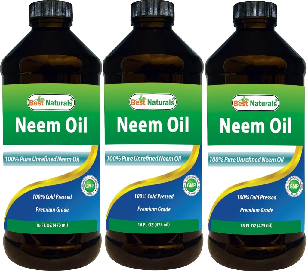 Best Naturals 100% Pure Neem Oil, 100% Cold Pressed and Unrefined - 16 OZ (3 Bottles)