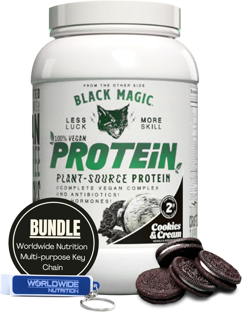 Worldwide Nutrition Bundle Compatible with Black Magic Multi-Source Protein Powder - Vegan Cookies and Cream | High Protein Powder, Low Carb, Low Sugar | Whey, Egg & Casein Blend - 2 LB with Keychain