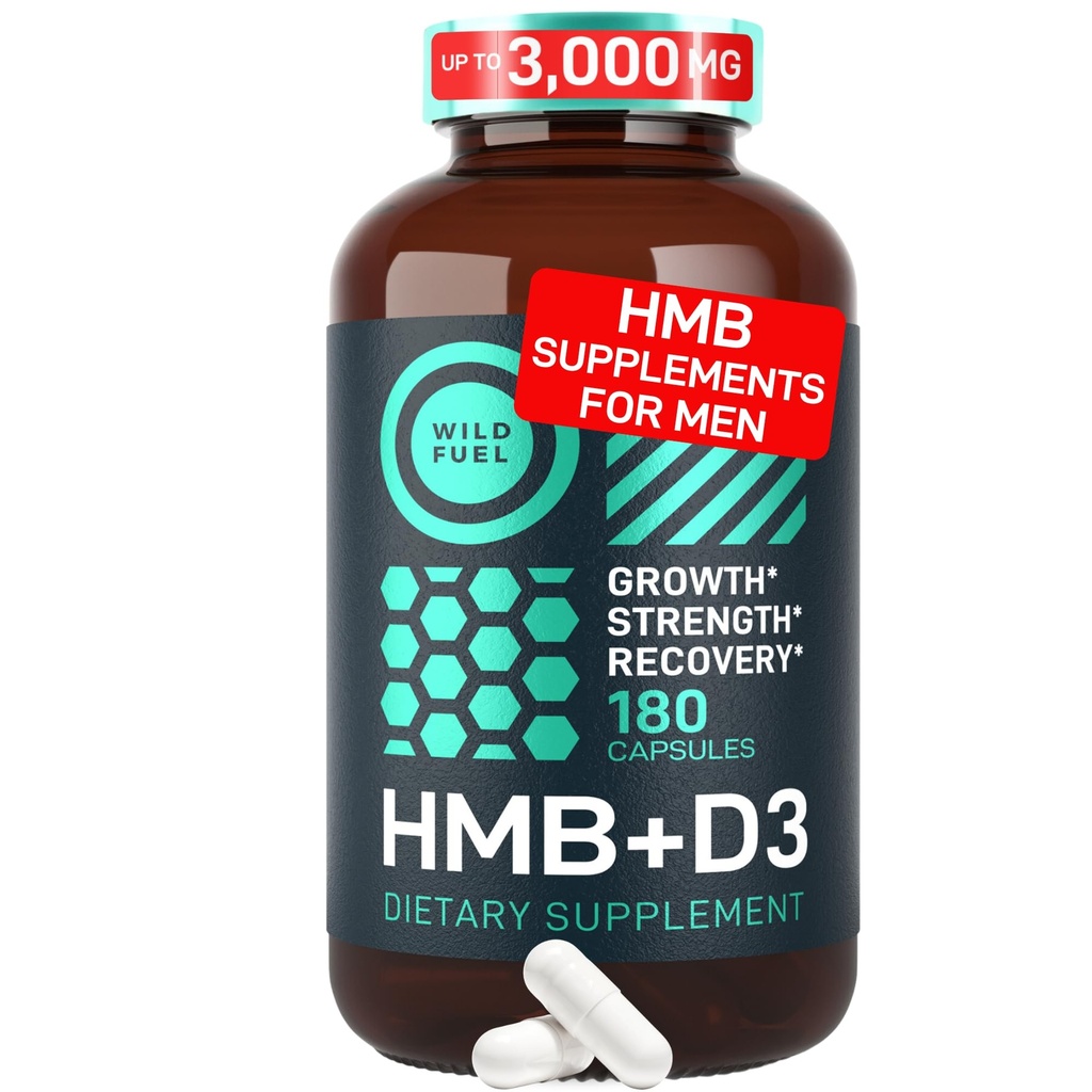 WILD FUEL 3,000mg HMB Supplement Plus Vitamin D3 - Muscle Growth, Strength, Fast Workout Recovery HMB Supplements for Men and Women - Calcium Beta-Hydroxy Beta-Methylbutyrate - 180 Capsules