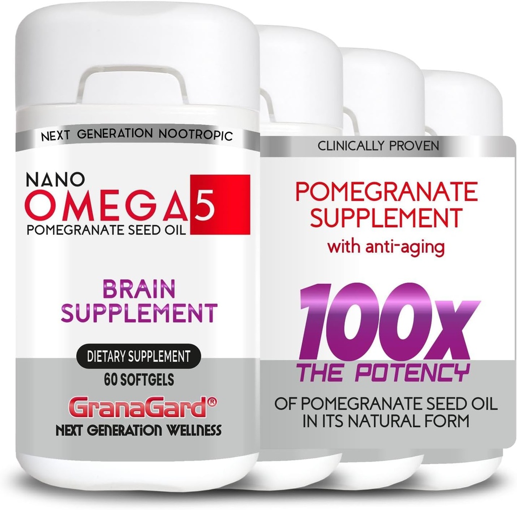 CLINICALLY Proven (4-Month Supply) Brain Supplements with Anti Aging, Memory Pills, Omega 5 Pomegranate Supplement, 4 Bottles 60ct Each