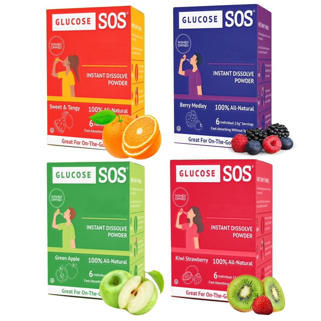 Glucose SOS Glucose Packets with Natural Dextrose, Fast-Absorption That Instantly Dissolves in Your Mouth with No Water Needed, 4 Flavor Variety 24 Servings