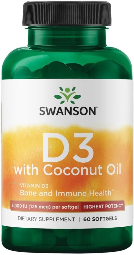 Swanson High Potency Vitamin D-3 w/Coconut - Natural Supplement Promoting Bone Health & Immune System Support - May Help Increase Calcium Absorption - (60 Softgels, 125mcg Each)