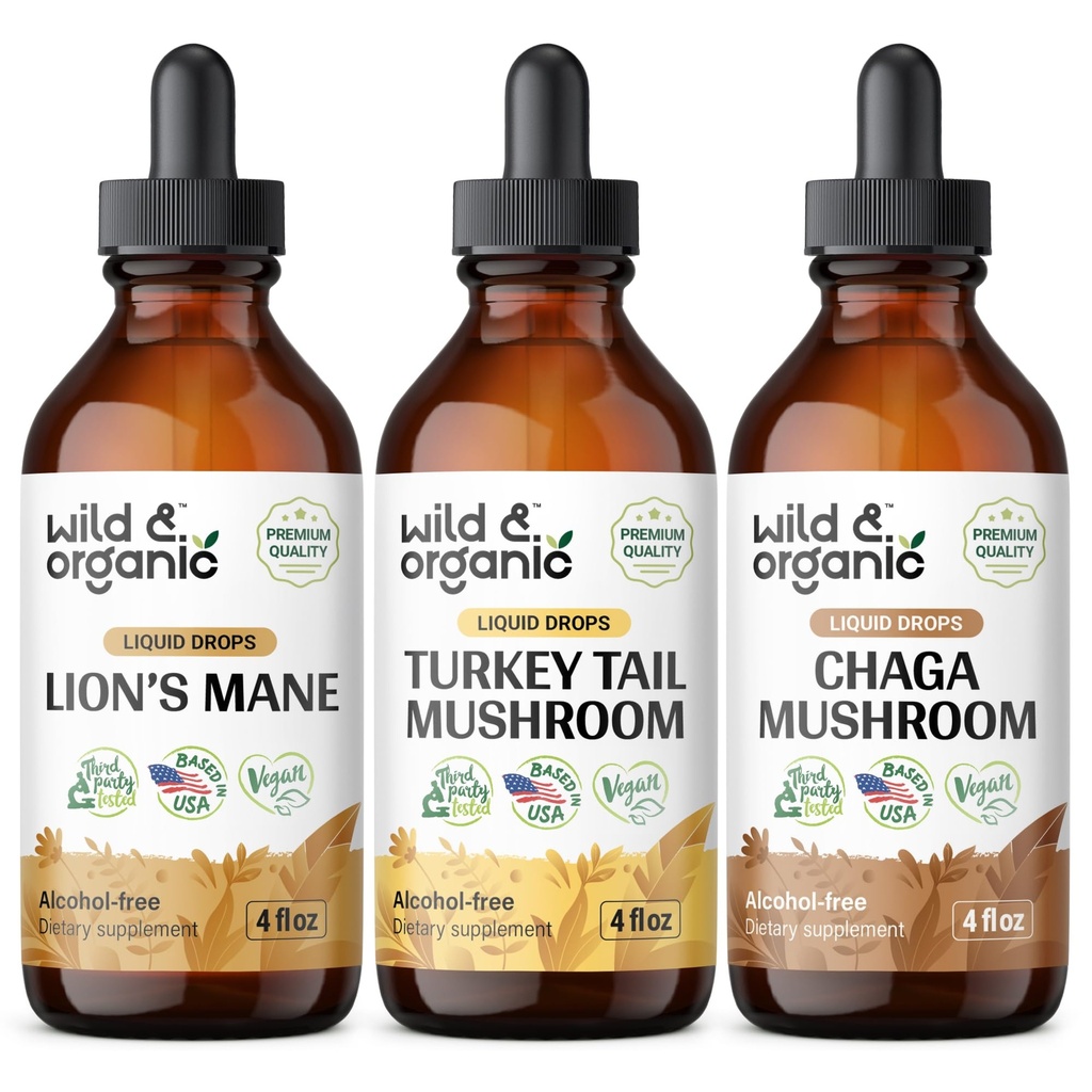 Wild & Organic Lion's Mane, Turkey Tail & Chaga Mushroom Tinctures