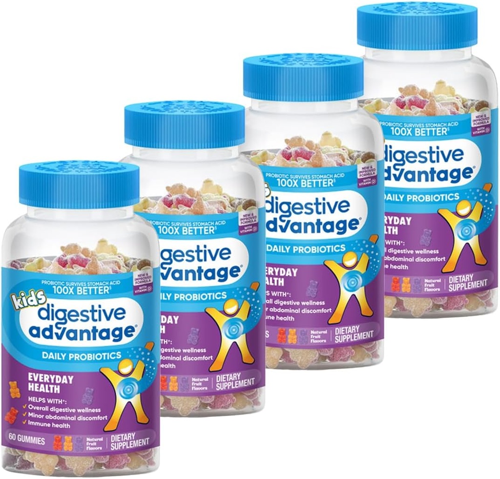 Digestive Advantage Kids Natural Fruit Flavors Probiotic Gummies for Kids Occassional Bloating, Minor Abdominal Discomfort & Gut Health, 60 Count Gummies (4 Pack)