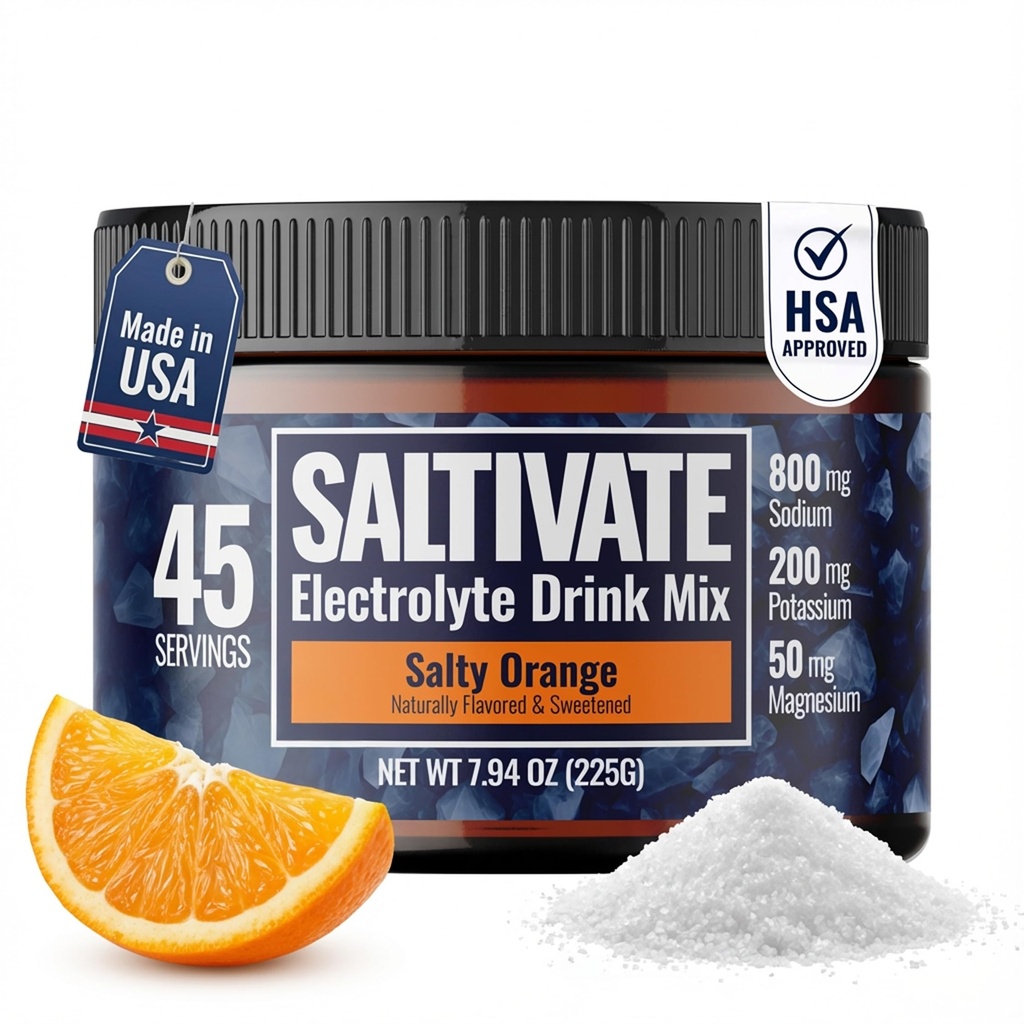 High Sodium Electrolytes | HSA FSA | Salty Orange Hydration with Stevia | Electrolyte Powder for Fasting, POTS, Sweat Recovery | Made in USA | Makes 45 Servings of 32 Fl Oz