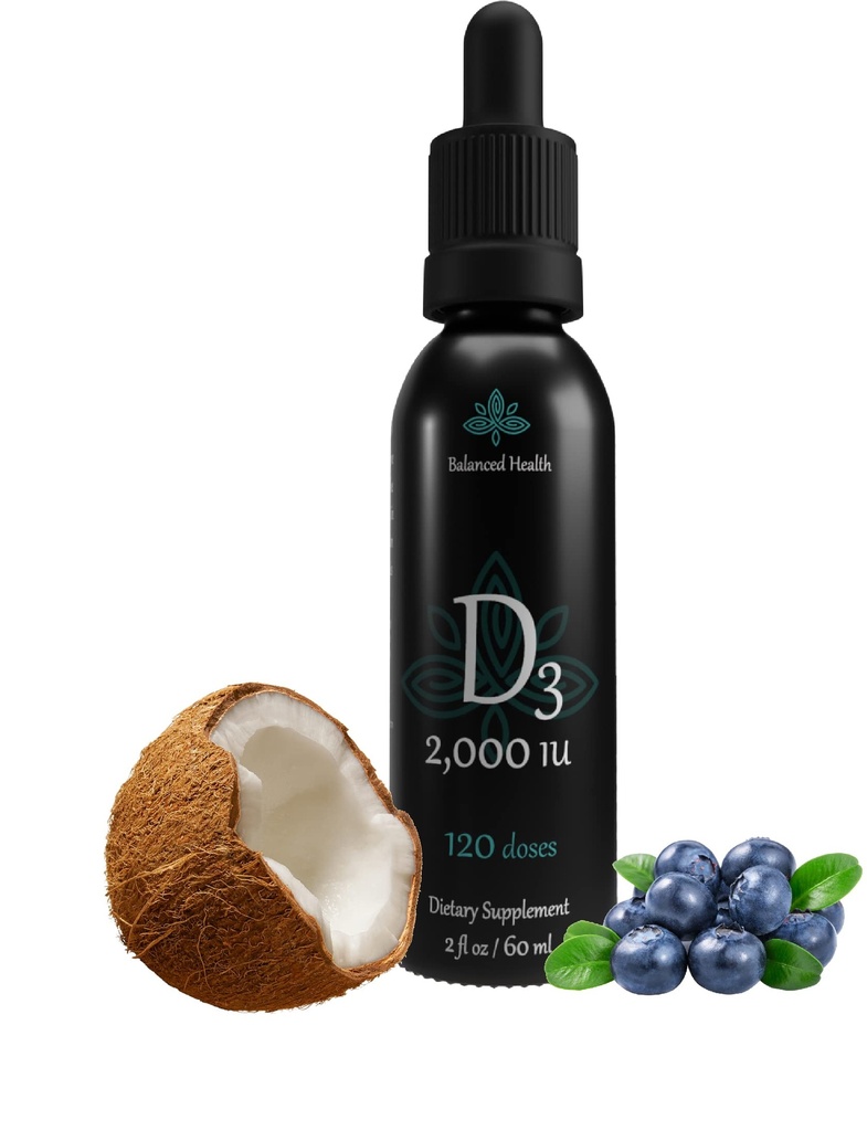 Balance Health D3 2,000 IU, 2 Fl Oz, 120 Doses, Blueberry Flavor, Liquid Vitamin D Drops w MCT Oil for Faster Absorption, Non GMO Vegetarian Safe