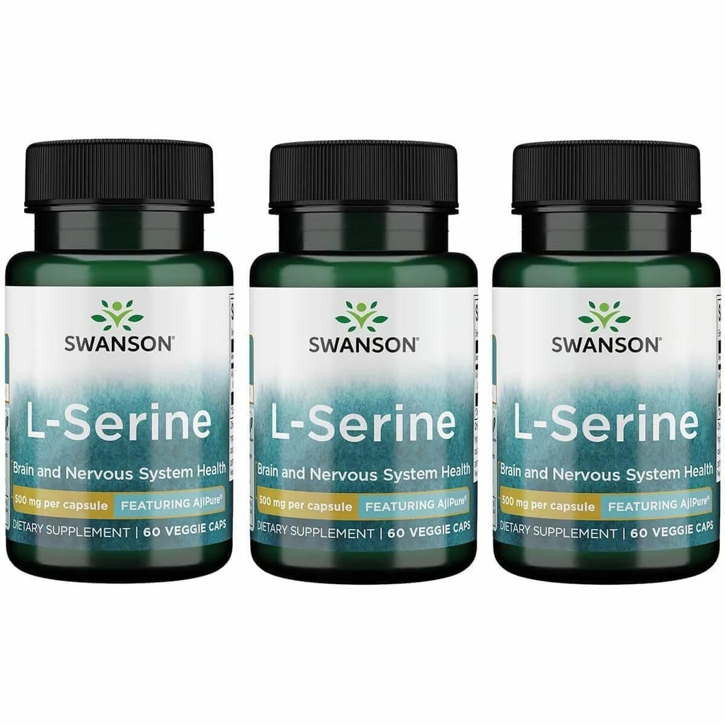 Swanson Ajipure L-Serine - Amino Acid Supplement Supporting Brain Health & Nervous System Function - Natural Formula Promoting Cognitive Function - (60 Veggie Capsules, 500mg Each) (3 Pack)
